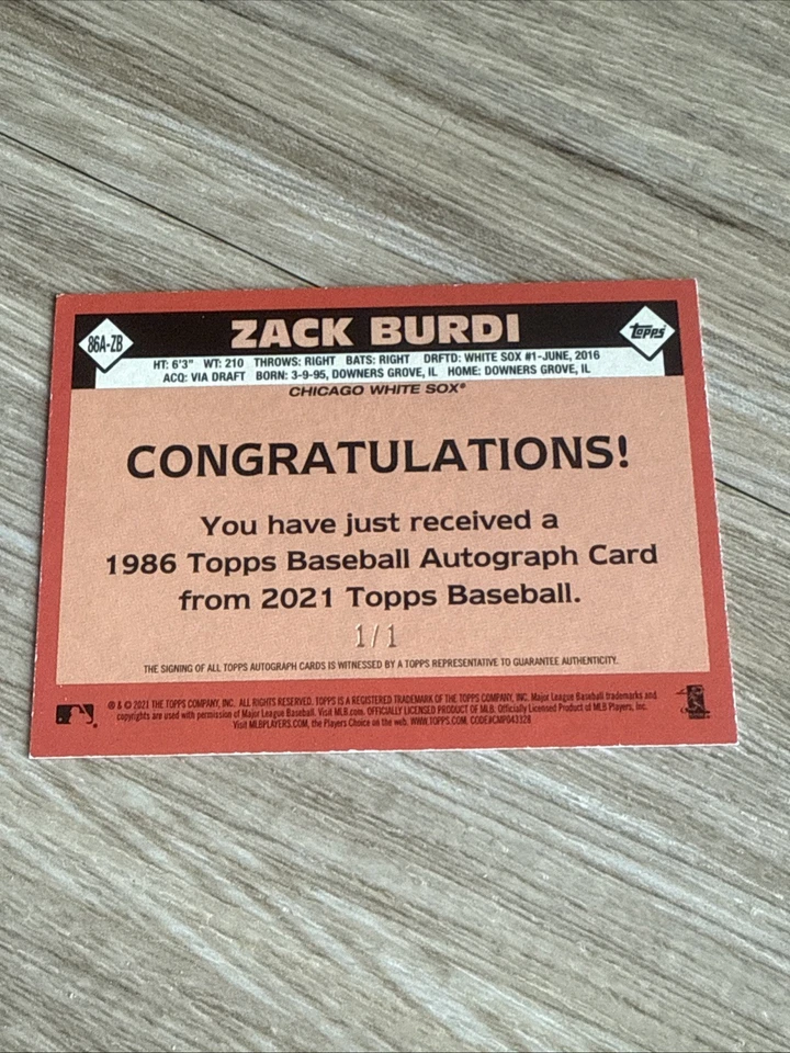 Tarjeta de novato 2021 Topps 1986 Zack Burdi Auto 1/1 Chicago White Sox RC Foto 2 de 2