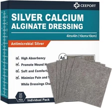 Silver Calcium Alginate Wound Dressing, 4" x 4" Patches, Highly Absorbent