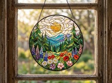 Forest Mountain Stained Glass Suncatcher   Nature Window Hanging