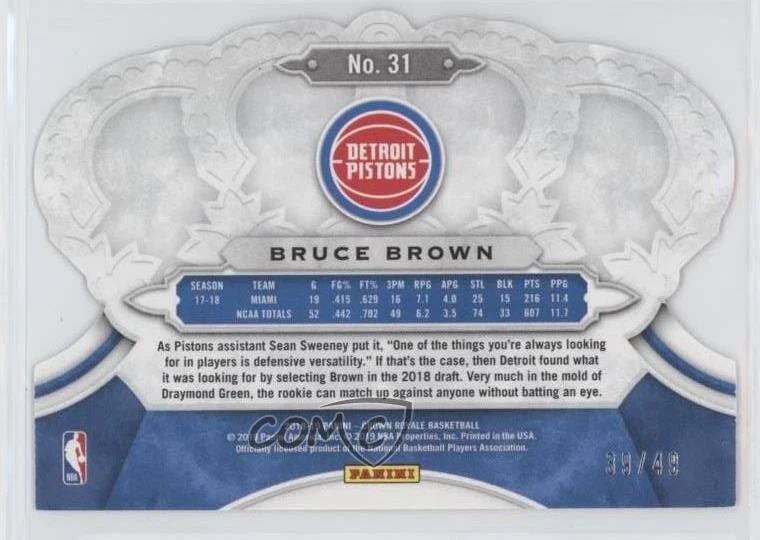 2018-19 Panini Crown Royale Red Crystal /49 Bruce Brown #31 Rookie RC - Image 2 of 2
