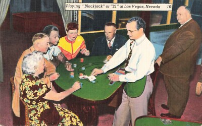 Postcard Playing Blackjack or 21 in Las Vegas, Nevada. Gambling in Casino 1951