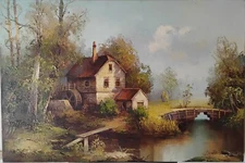 "Old Mill" by Wm. Schatz 24x36 Stream Watermill Original Oil/Canvas