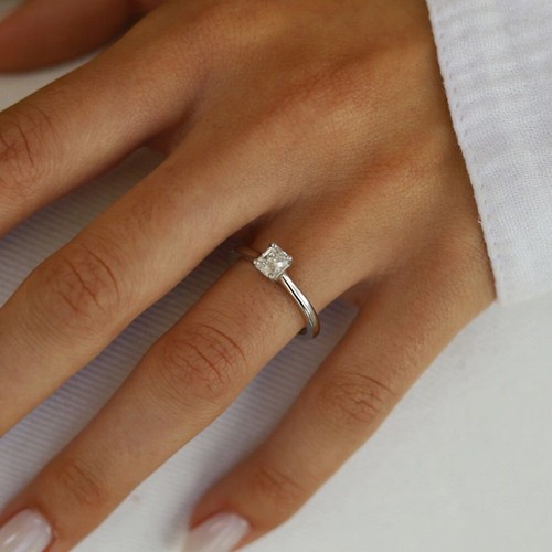 Anillo solitario de cuatro puntas corte cojín semi montaje oro blanco sólido de 14k - Imagen 5 de 9