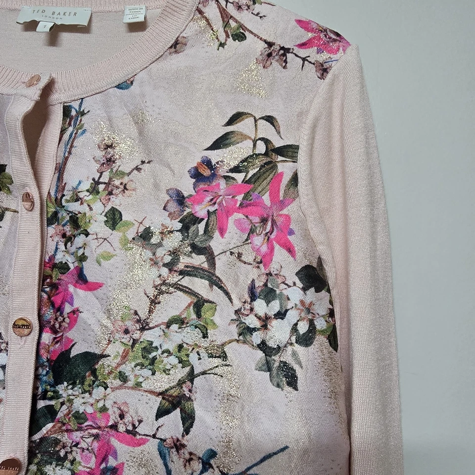 Cárdigan Ted Baker London KARLIA Mangas Largas Flor Jacquard en Rosa Desnudo Usado en Excelente Condición Foto 3 de 4