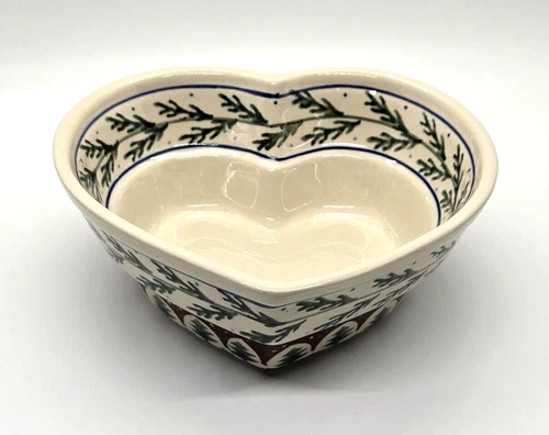Boleslawiec ~ Heart Shaped Bowl ~ 6" ~ Evergreen Pattern ~  Polish Pottery