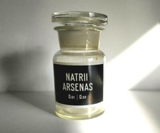 Ancien pot transparent pharmacie apothicaire en verre, 50 ml "NATRII ARSENAS", avec bouchon
