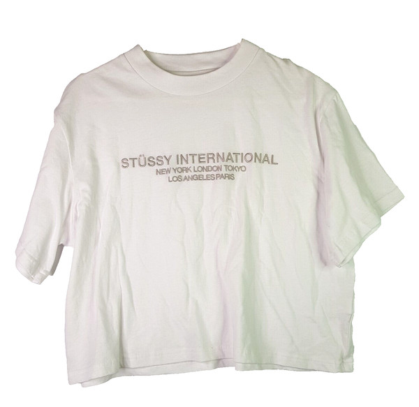 Stussy International Crop Top Womens 8 White Oversized Crew Tee Embroidered Logo