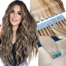 Tape in Real Human Hair Extensions Thick Invisible Skin Wefts Remy Russian Hair