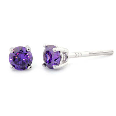 4mm Brilliant Cut Amethyst Ice CZ Screw Back Earrings Sterling Silver