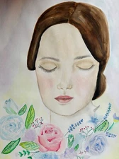Original Painting  Woman and Pink Flores Wall Art Watercolor