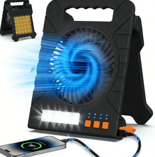 Portable Solar Powered Camping Fan USB Rechargeable Variable Speed w/ LED Light