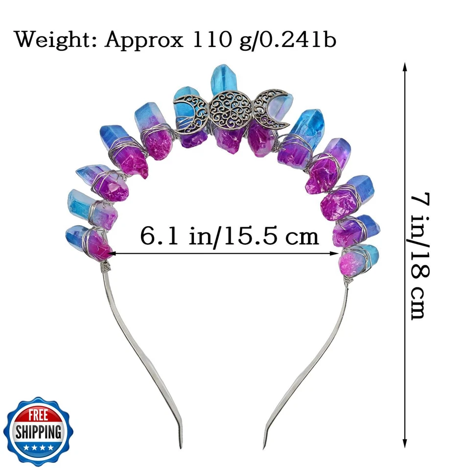 Bubbmi Raw Crystal Crown Headband Natural Quartz Rhinestone Tiara Hair Hoop W - Image 2 of 4