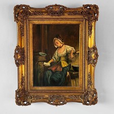 Antique ca 1920 Handmade Original Oil Painting Female Portrait Interior Scene