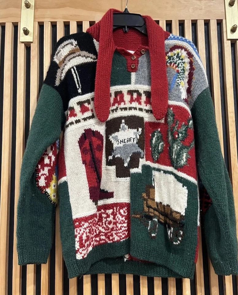 Vintage 1990 The Eagles Eye Wool Sweater Medium Cowboy Theme Western Granny - Image 2 of 4