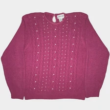 Vtg Andrea Gayle Sweater Womens Medium Pink Silk Angora Pearl Cable Knit 80s 90s