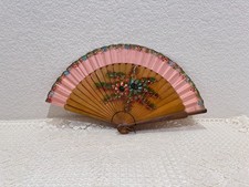 Vintage Spanish Hand Painted Wood Folding Fan Floral Pink Border Abanico 9"