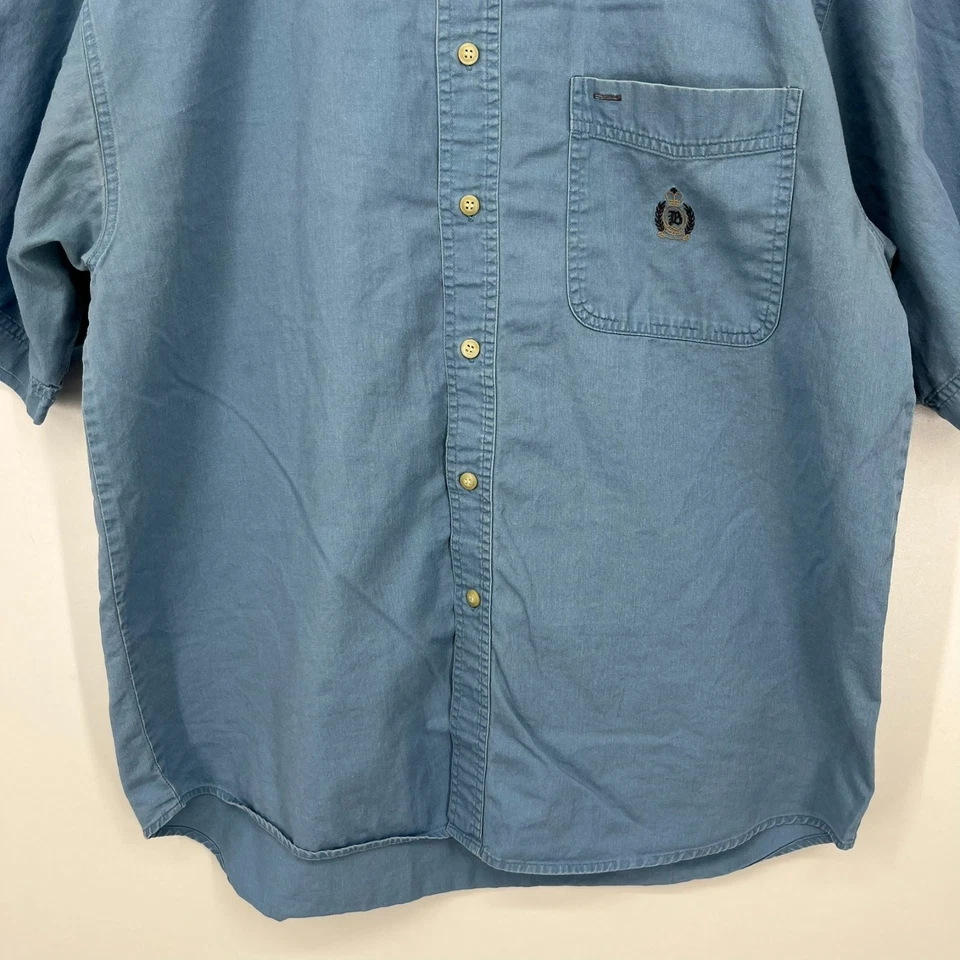 Bugle Boy Short Sleeve Button Shirt Men's L Blue Crest Logo Pocket Vtg 90s - Image 3 of 4