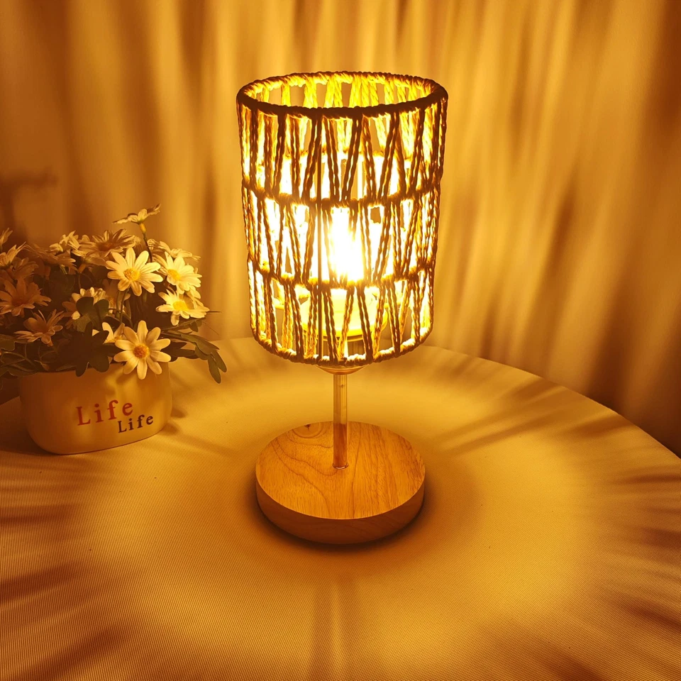 Lámpara de Mesa Boho Pequeña con Bombilla,Lámpara Rústica de Ratán para Dormitorio,Lámpara de Noche... Foto 4 de 4