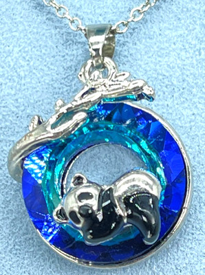 Necklace Silver Tone Blue Crystal Circle w/Resting Panda Bear Sister Card 16''