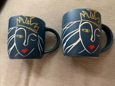 Set of 2 Starbucks 2016 Anniversary Coffee mugs Winking Mermaid/Siren Matte Blue