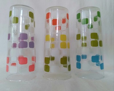 3 Vintage MCM TV Screen Geometric Square Block Tumbler Glassware Atomic Era Grid