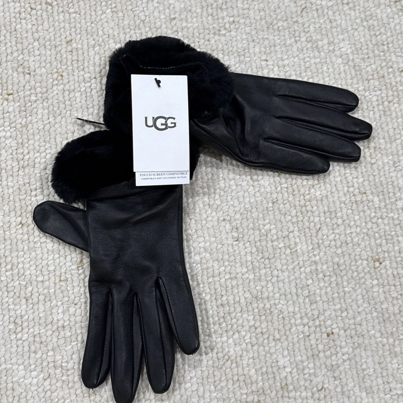 UGG Women's Leather Sheepskin Vent Gloves Black LARGE Touch Screen NEW NWT