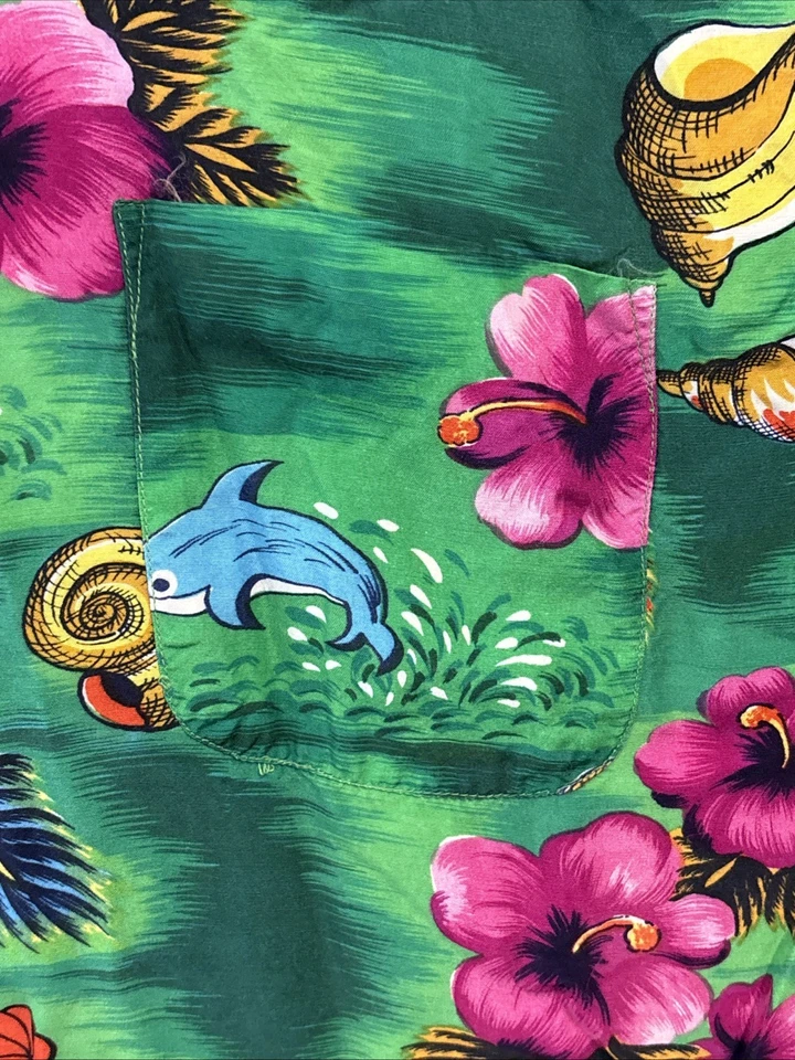 Hawaiian Style Vintage Aloha Shirt Mens Size Med Green Collar Floral '70s Retro - Image 4 of 4
