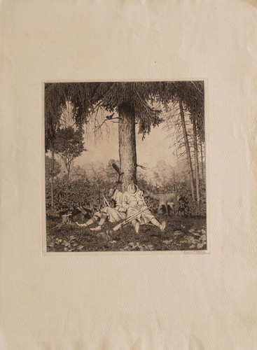Ernst Peche Schlafende Jäger Jagd Humor Jugendstil Radierung signiert 1920 - Bild 4 von 5