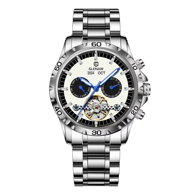 GLENAW Mechanical Automatic Tourbillon Stainless Steel Full Calender Men Watch