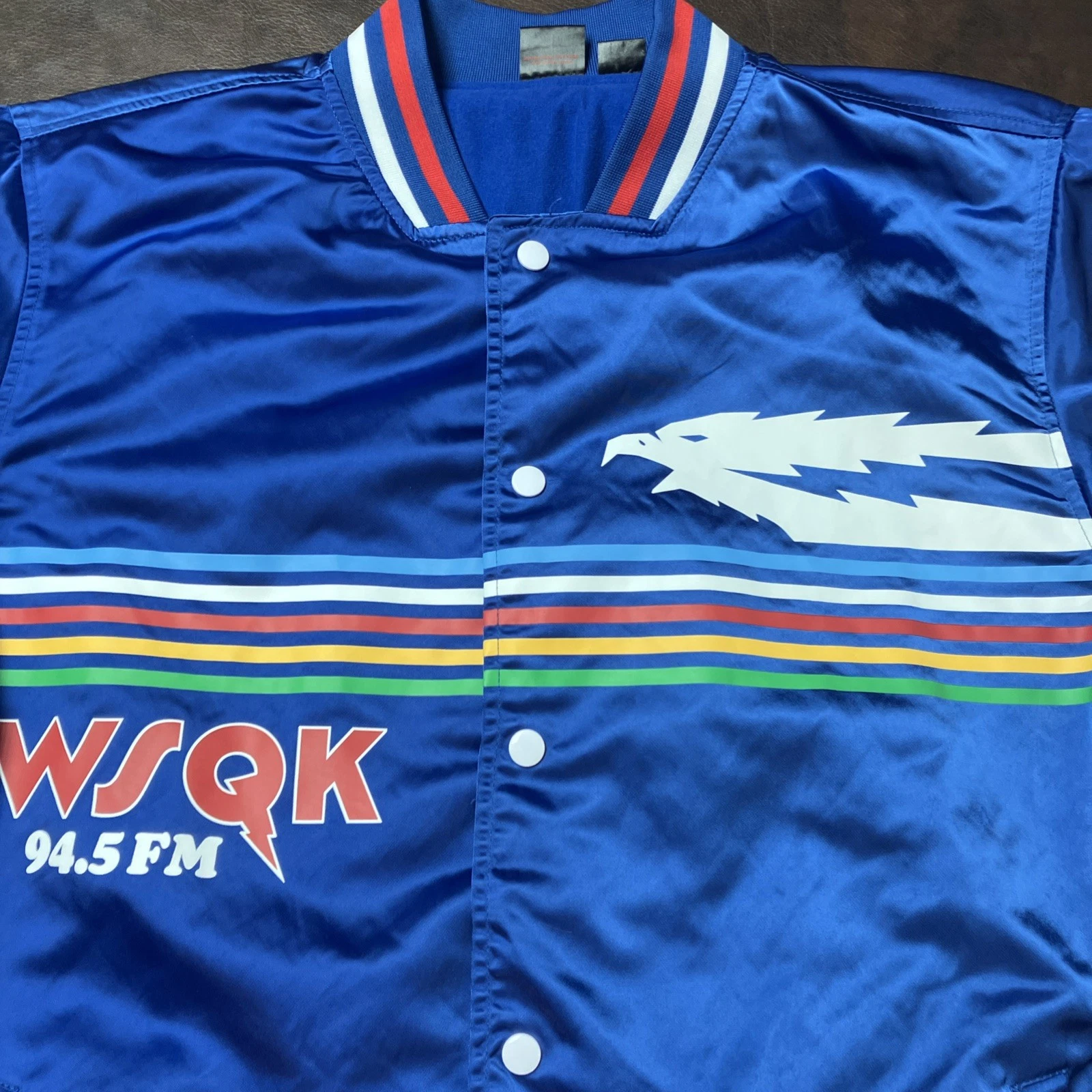 Stranger Things Men’s L Blue Satin Snap Front Retro Bomber Jacket Great Condit. image 3