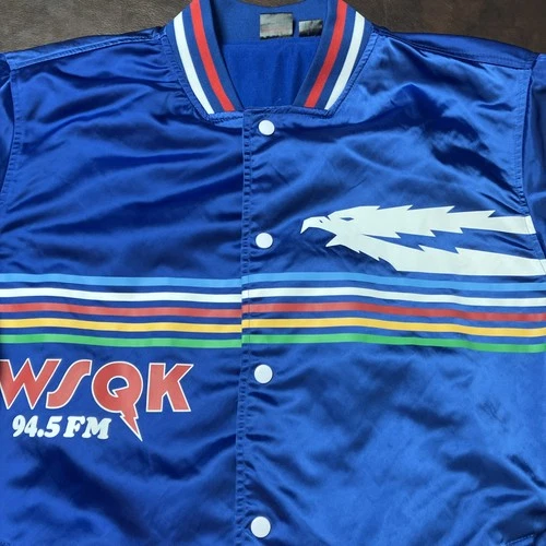 Stranger Things Men’s L Blue Satin Snap Front Retro Bomber Jacket Great Condit. image 3