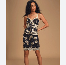 Lulus Mini Dress Small Black Blue Karina Floral Embroidered Peplum Lace Overlay