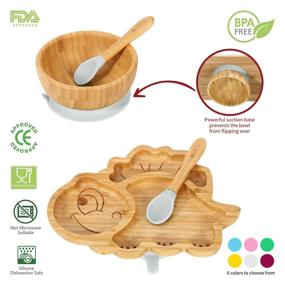 Vinsani Bamboo Dinosaur Plate Bowl & Spoon Set Suction Bowl Stay-Put Design