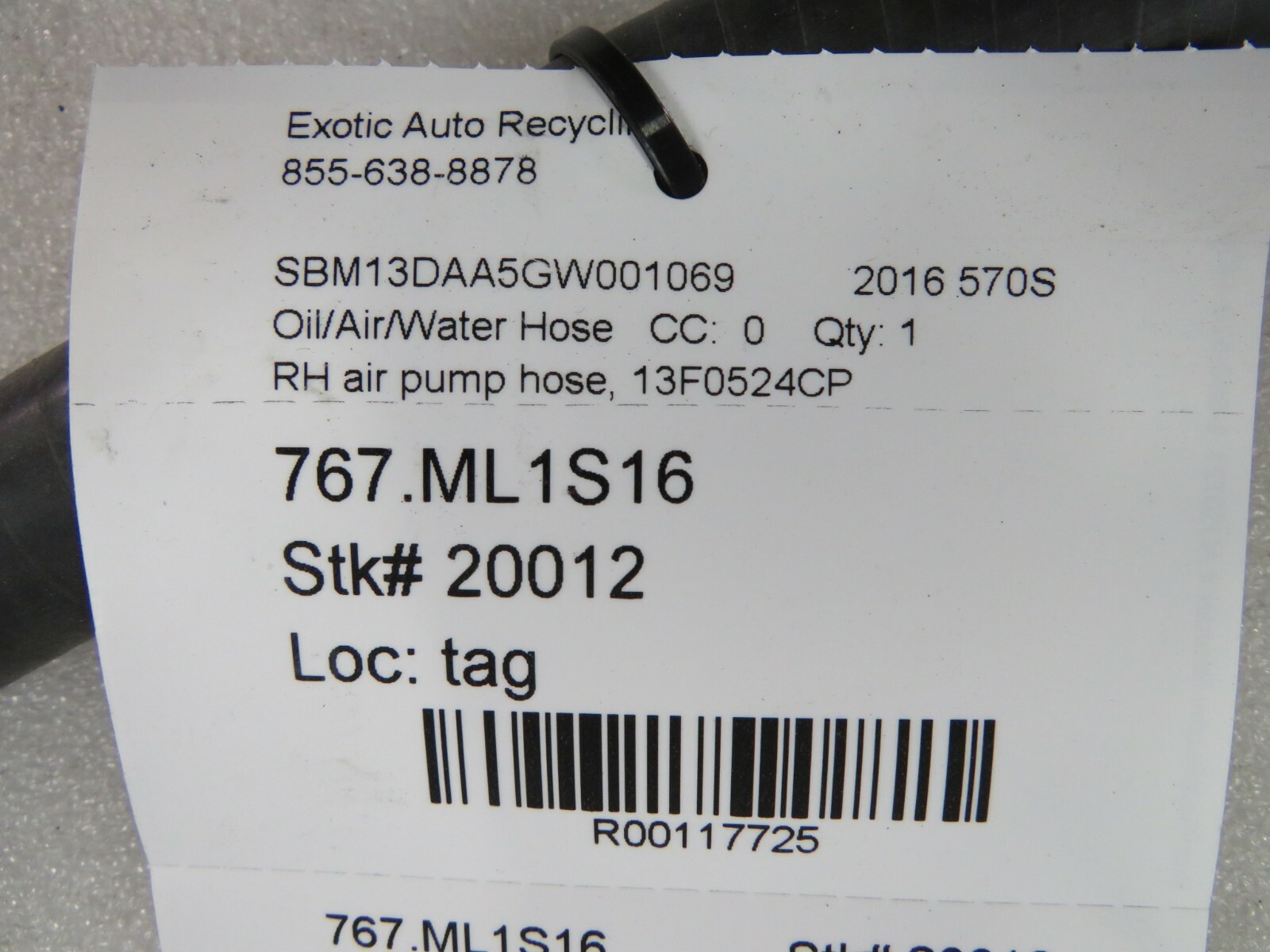 McLaren 570S, RH, Right Air Pump Hose, Used, P/N 13F0524CP