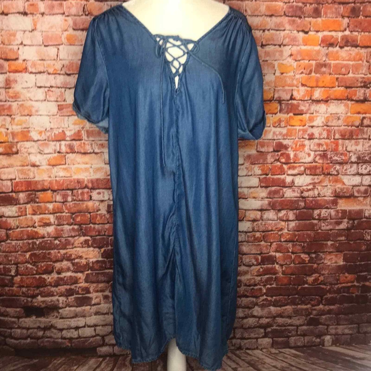 Lucky Brand Soft Blue Chambray Short Sleeved Lace Up Shift Dress Size M |  eBay