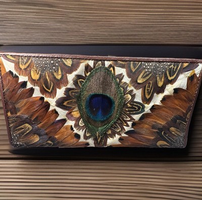 Vintage Lee Sands Genuine Peacock And Pheasant Feather Sheds Wallet/Clutch/Purse