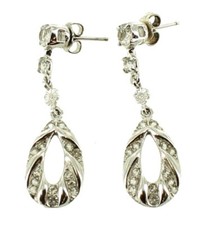 Ancien Déco Sterling Orné Fleur Goutte Créole Post Boucles W Cristaux 1.5 " Long