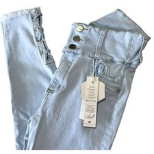 AREA 7 Women's Light Blue Skinny Stretch Jeans with Braided Hem and Lift Effect