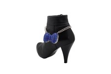 Women Silver Metal Chain Boot Bracelet Blue Bow Tie Charm Shoe Holidays Evening