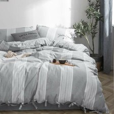 BISELINA 100 Washed Cotton Striped Duvet Cover Set 3pcs Ties Design Bedding US