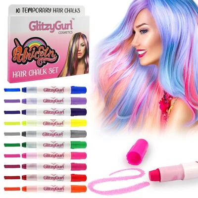 GLITZYGURL Hair Chalk Gift for Girls - 10 Temporary Non-Toxic Easy Washable Hair Dye Colour