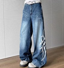 Men's Blue Denim Jeans Printed Straight Leg Loose Fit Casual Pants Trousers Punk
