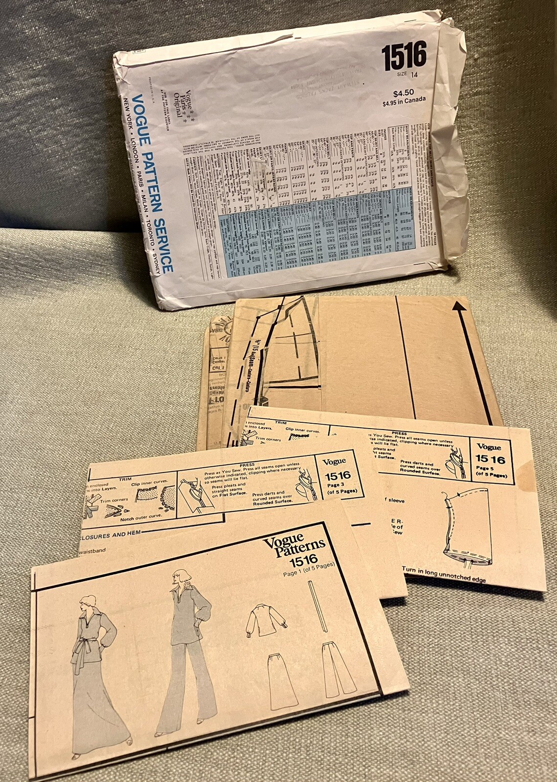 Modello cucito originale vintage Vogue 1516 taglia 14 Yves Saint Laurent Paris taglio parziale