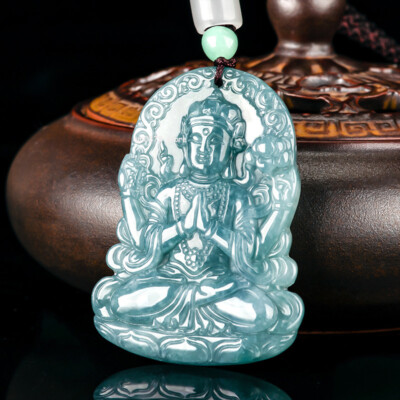 Natural Grade A Jade Jadeite Blue Water Four armed Guanyin Ice Species Pendant
