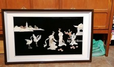 VINTAGE CHINESE / JAPANESE MOTHER OF PEARL FRAMED PICTURE LARGE 34 X 20 INCH
