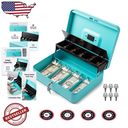 Durable Alloy Steel Cash Organizer - Portable Locking Safe Box with Money Tray