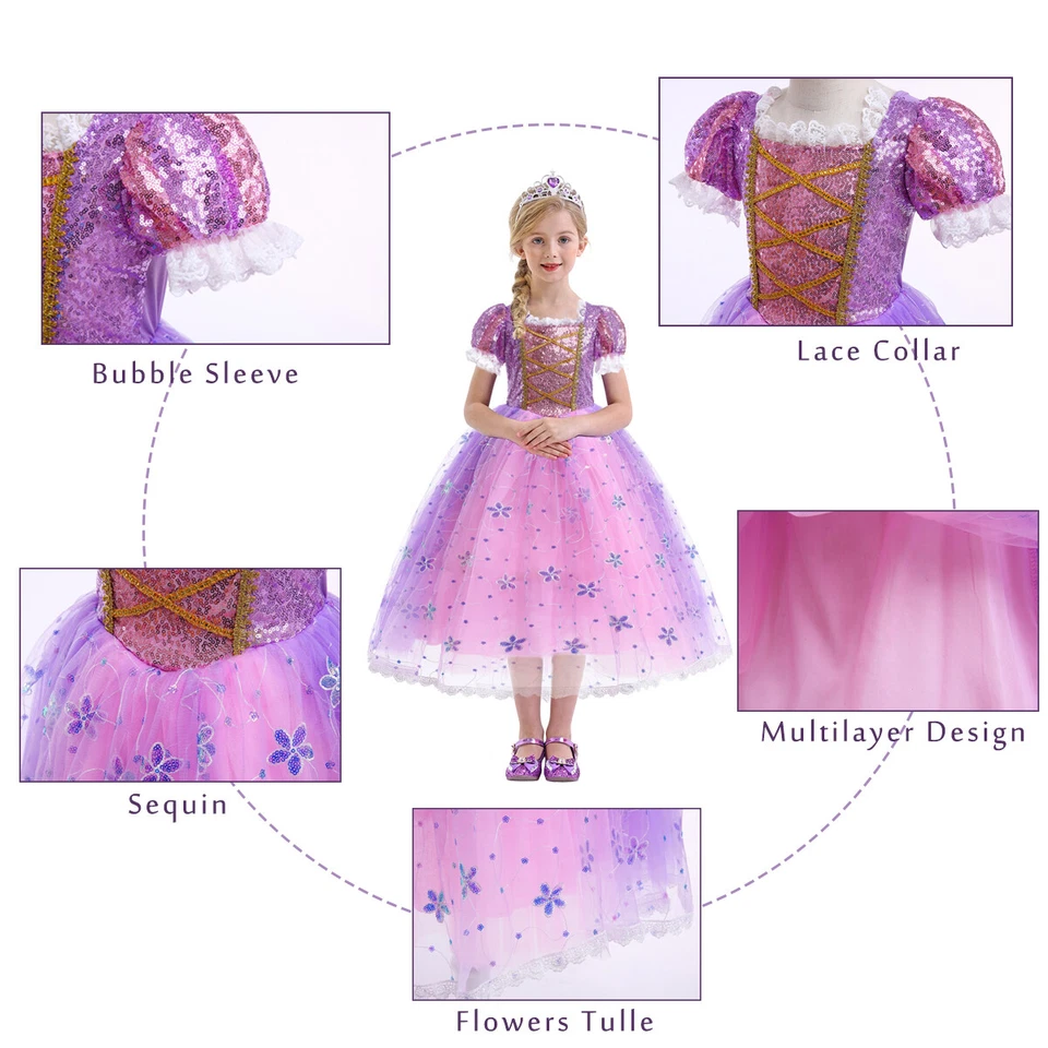 Rapunzel Fancy Dress Up Princess Costume Cosplay Outfit Girls Kid Christmas Gift - Image 2 of 4