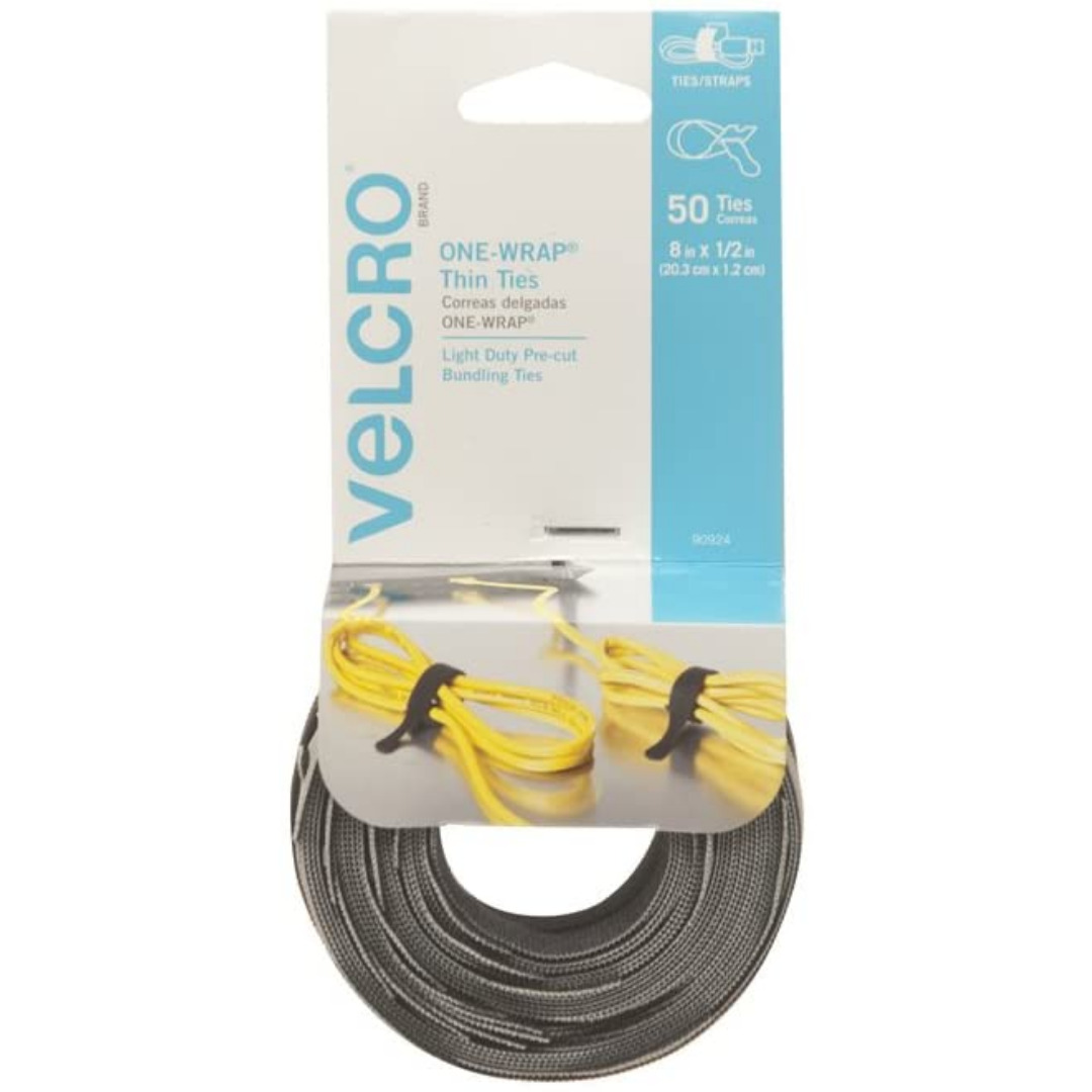 VELCRO Brand ONE WRAP Thin Ties | Strong & 8 x 1/2In - 50 Ties, Black/Gray USA