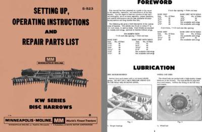 Minneapolis-Moline KW Series Disc Harrows Setting Up, Operating Instructions and