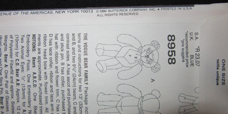 Vogue Craft Pattern 8958 VOGUE Bear Family 13" and 9 1/2" Bears Linda Carr UNCUT - Image 4 of 4